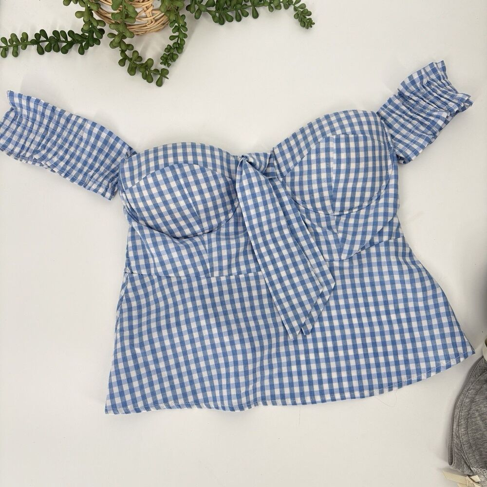 Seek‎ The Label Gingham Crop Top Size XS Tie Front Blue/White Blouse